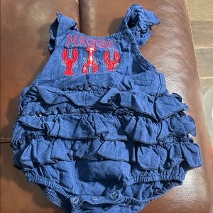 Navy Ruffled Baby Romper with Lobster Embroidery